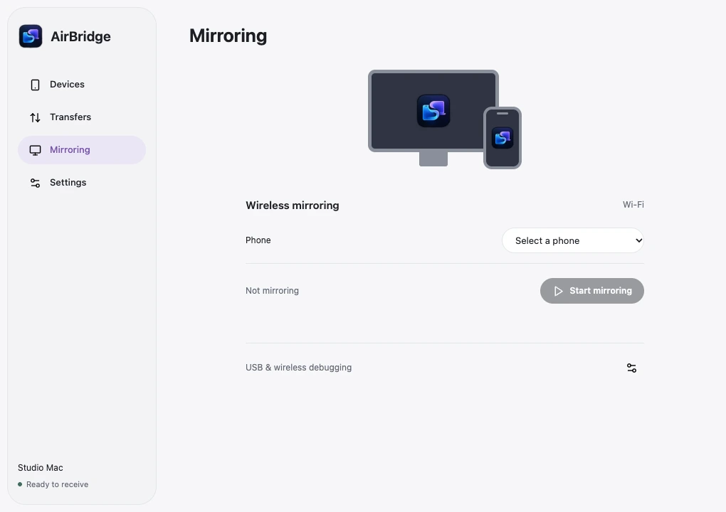 The AirBridge screen mirroring page, with an explicit Start button and Wi-Fi mode selected.