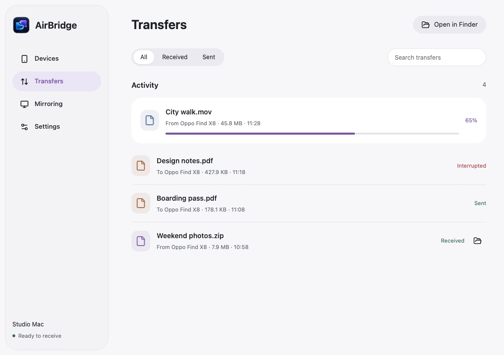 AirBridge's Transfers page with incoming and outgoing files, progress, and Finder actions.